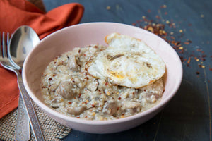 Rosemary Mushroom Oatmeal With Fried Eggs